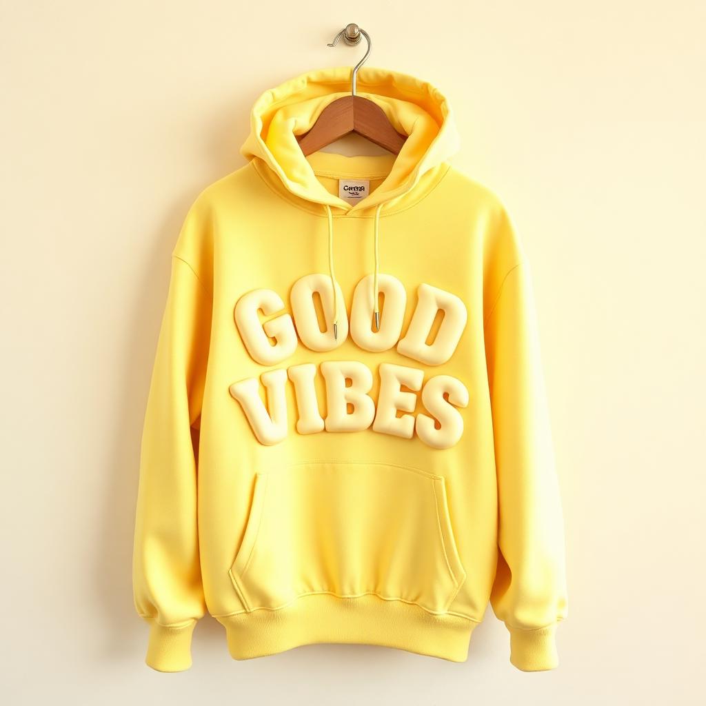 Good Vibes puff print yellow hoodie