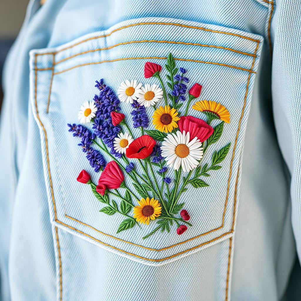 Embroidered wildflower bouquet on denim jacket